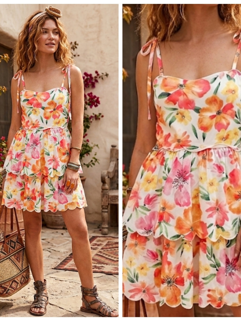 Floral Tie-Shoulder Tiered Sundress - White with Pink & Orange Blooms